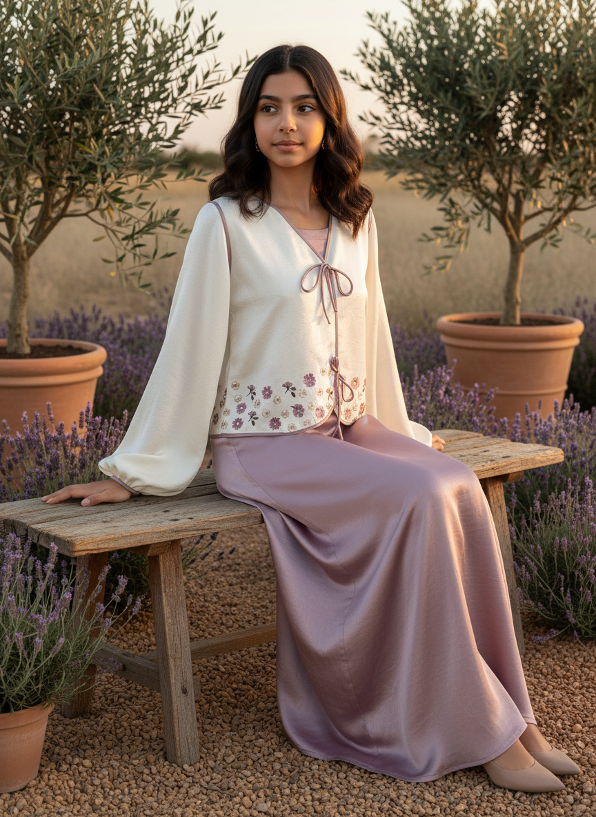 قميص تنوره من الحرير الجاكار  والتطريز