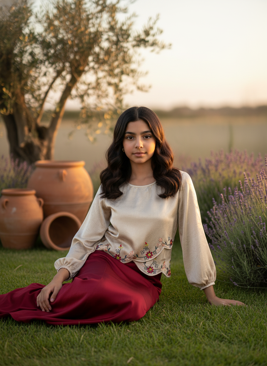 قميص تنوره من الحرير الجاكار  والتطريز