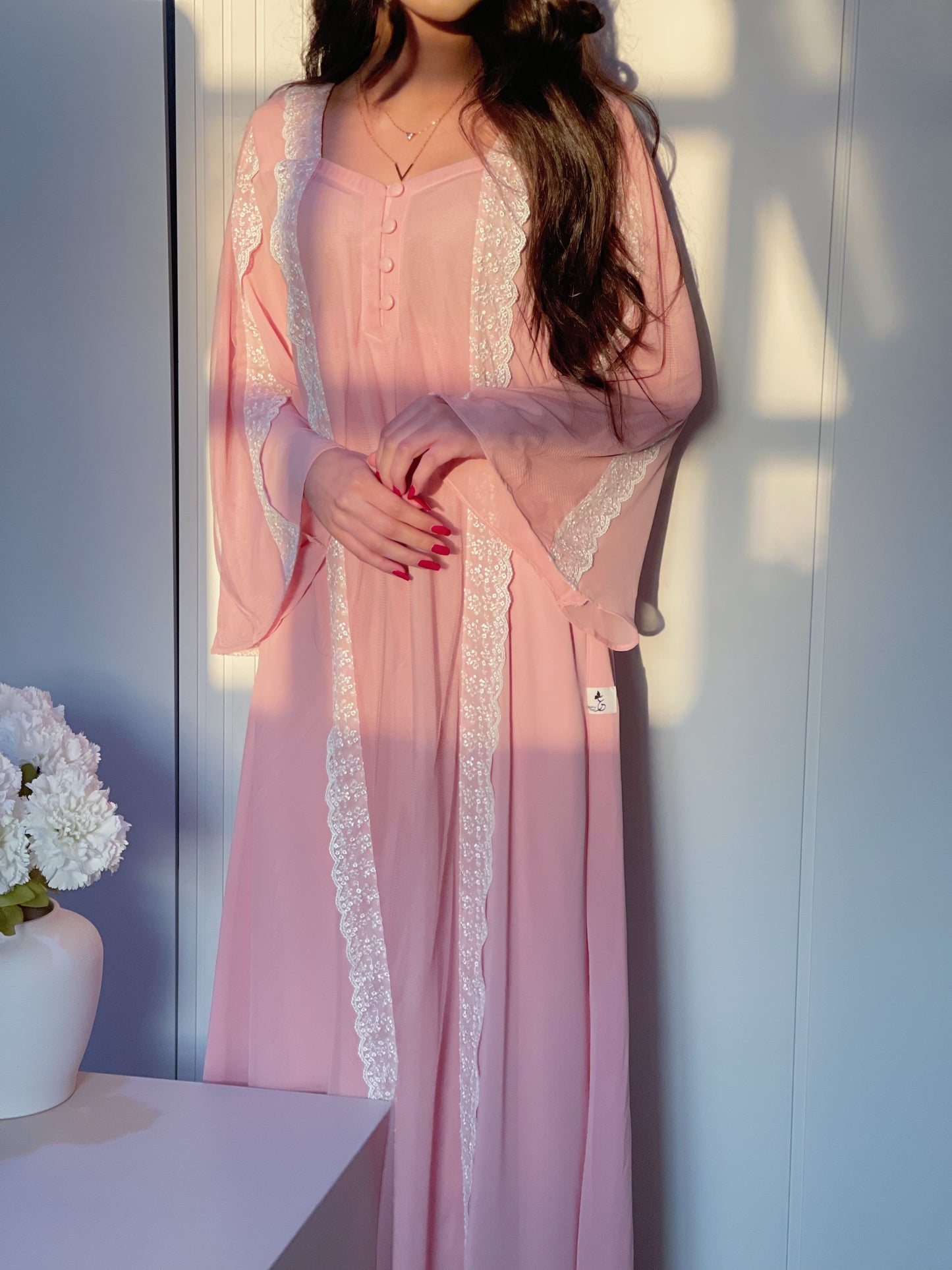 جلابيه دبل شيفون مع  تور ودانتيل