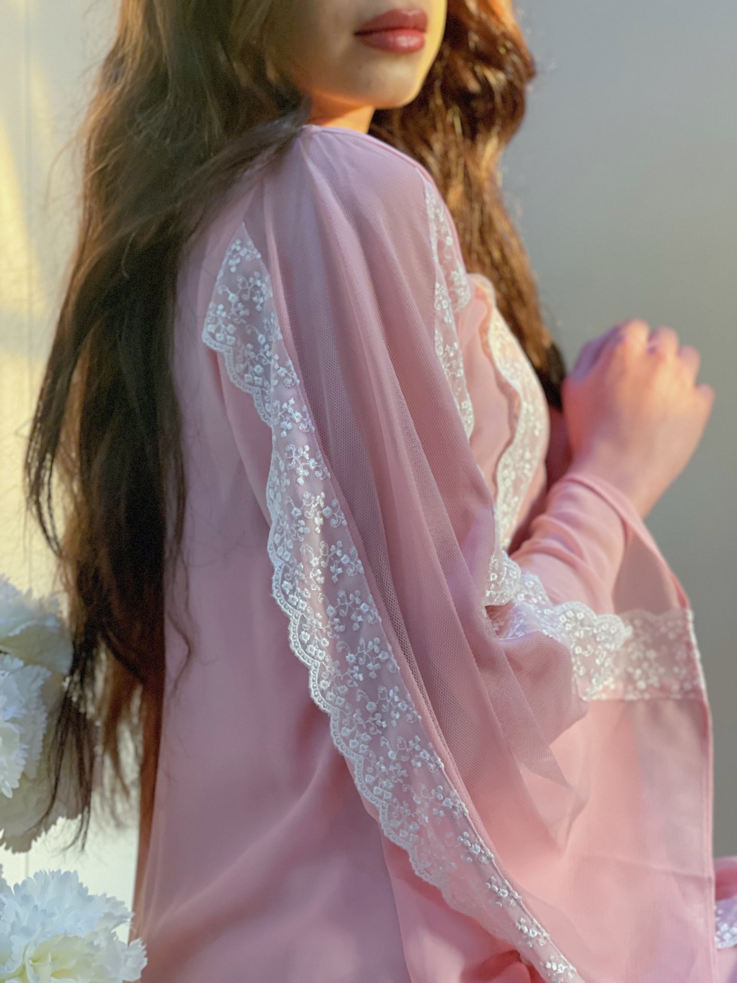 جلابيه دبل شيفون مع  تور ودانتيل