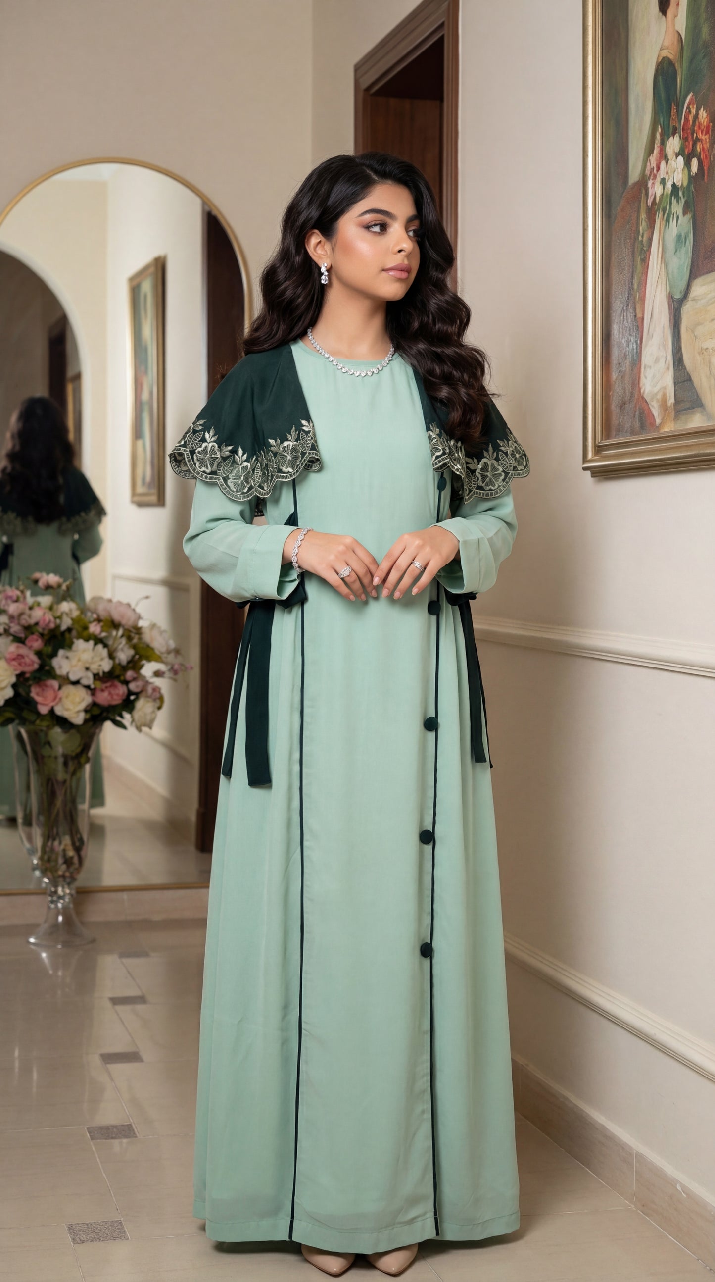 فستان  حرير الماس دمج  لونين مع تطريززمخرم