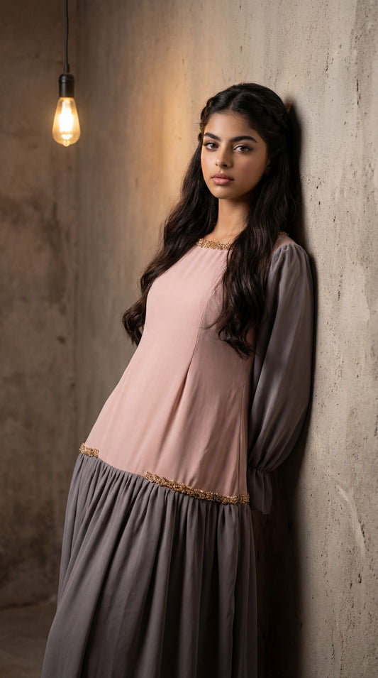 فستان  حرير الماس    دمج  لونين مع باينات شك