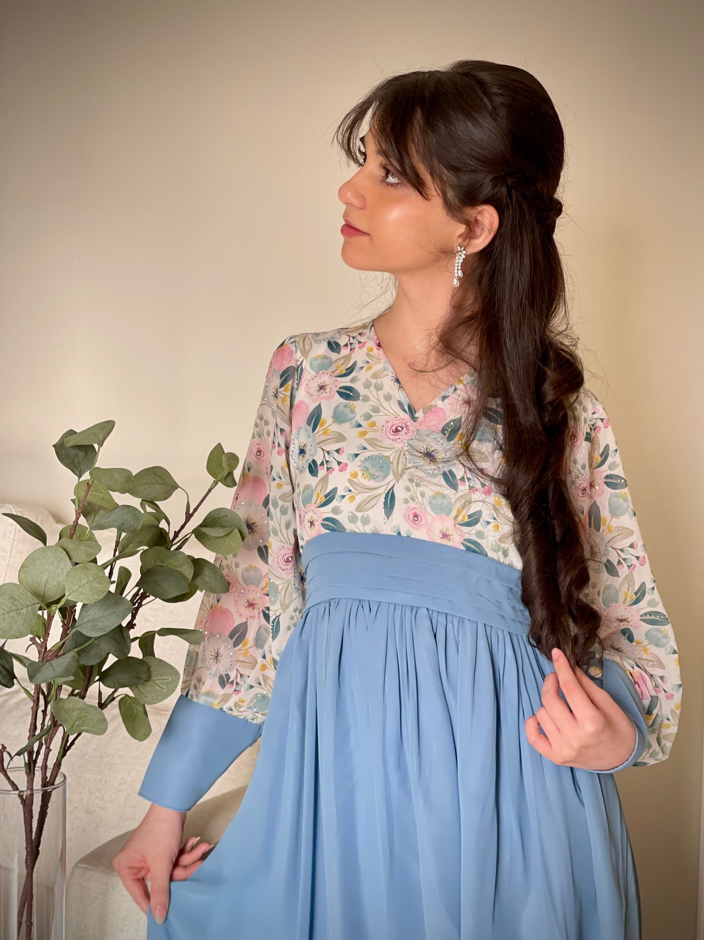 فستان شيفون فصوص مع ساده تسليم  قبل العيد