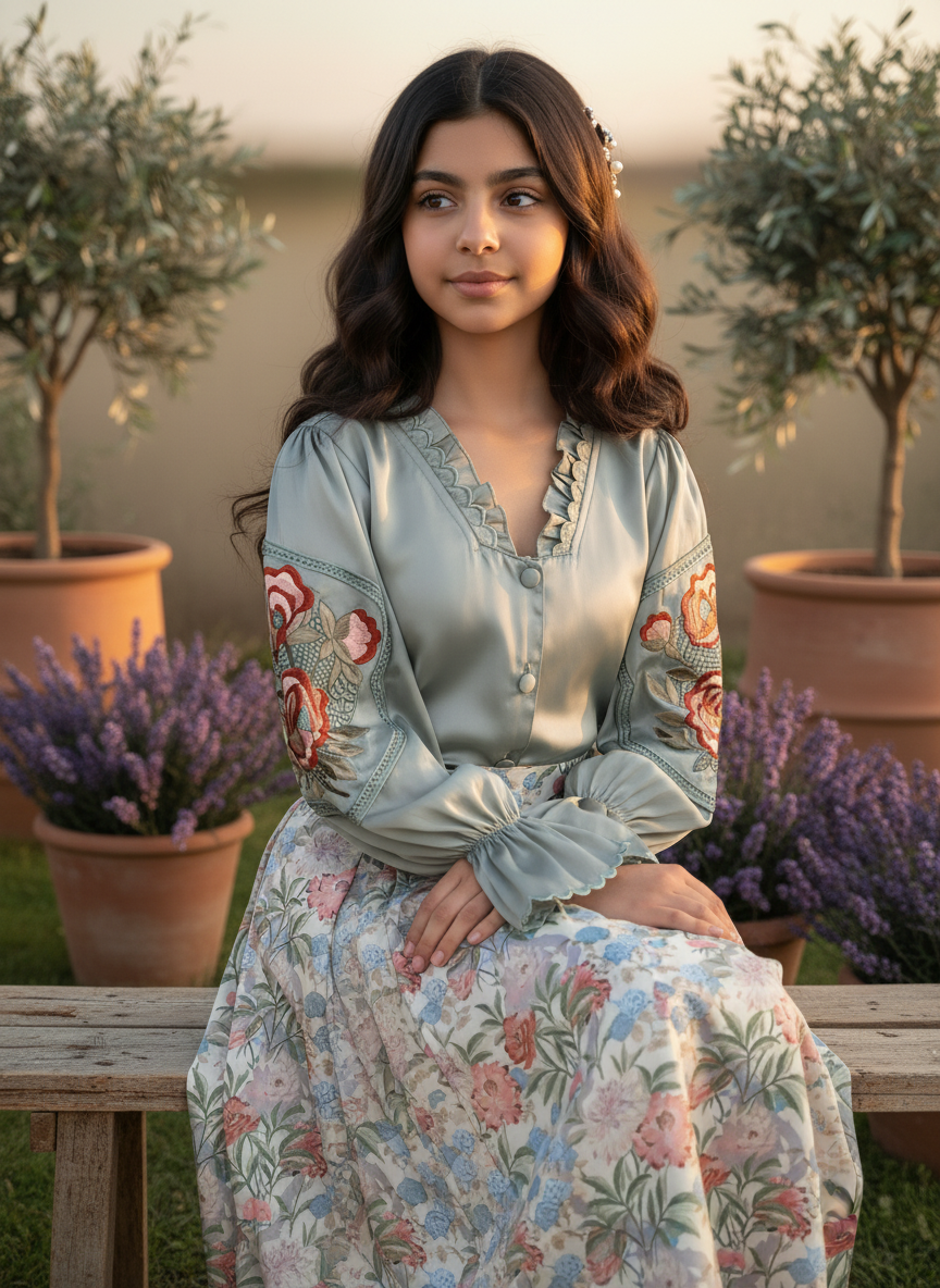 قميص تنوره من الحرير والتطريز