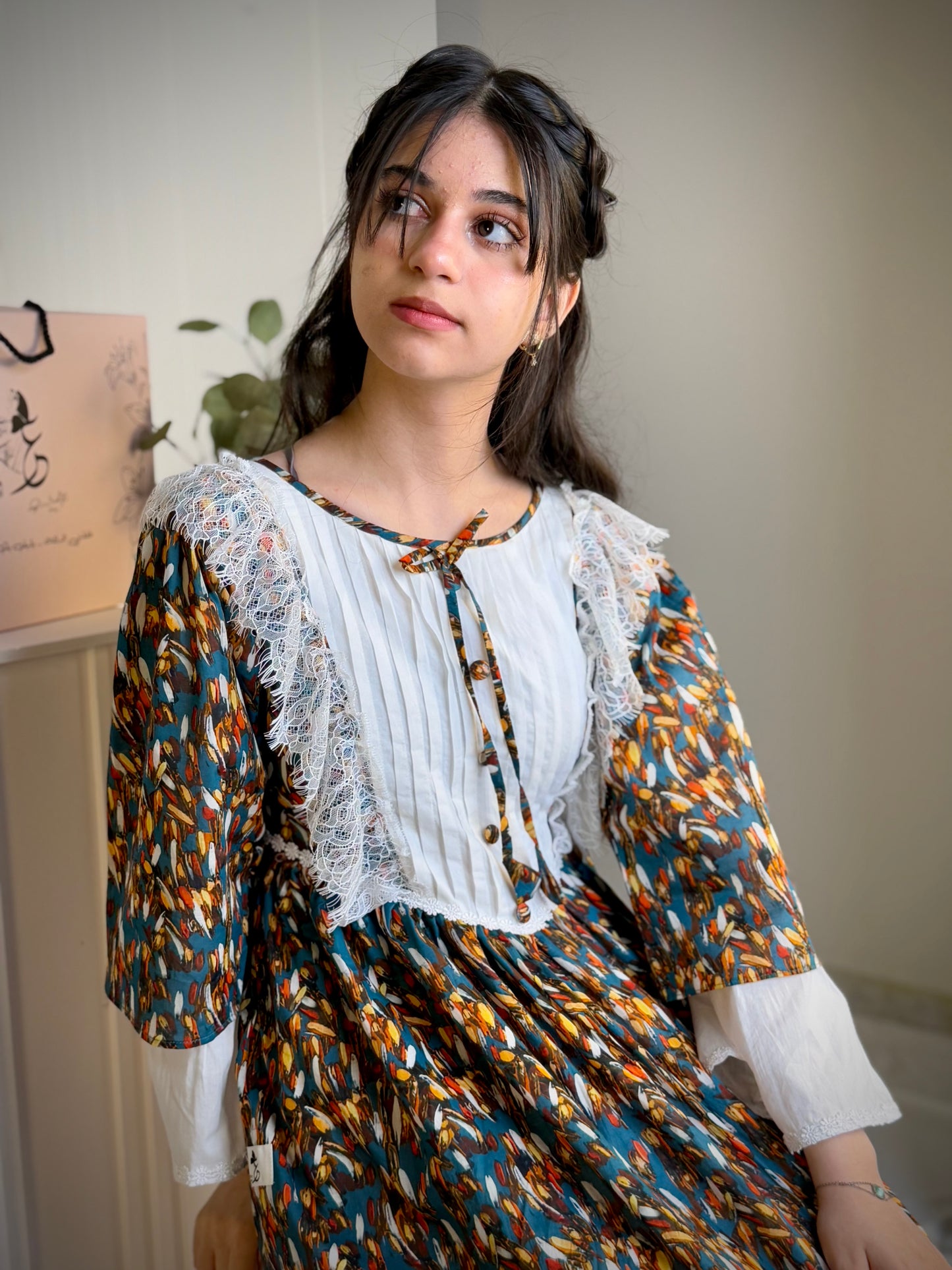 فستان قطن مع دمج السادة