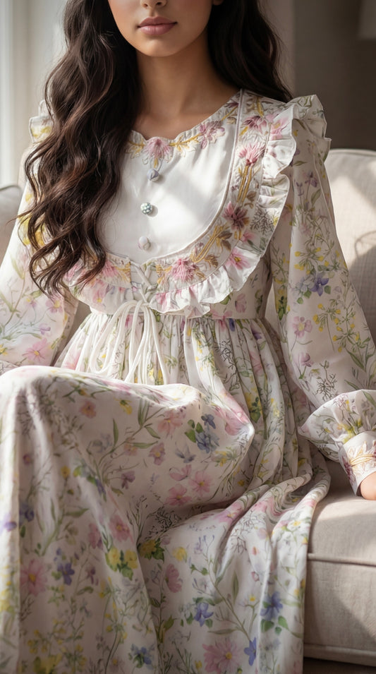 فستان من الحرير مع تطريز على شكل جاكيت