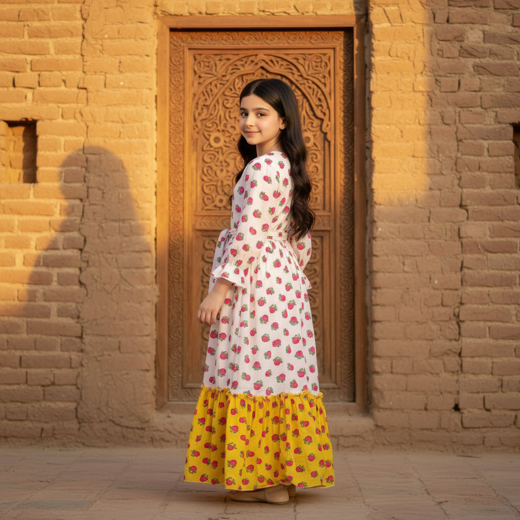 فستان قطن تراثي مع  ودمج لونين