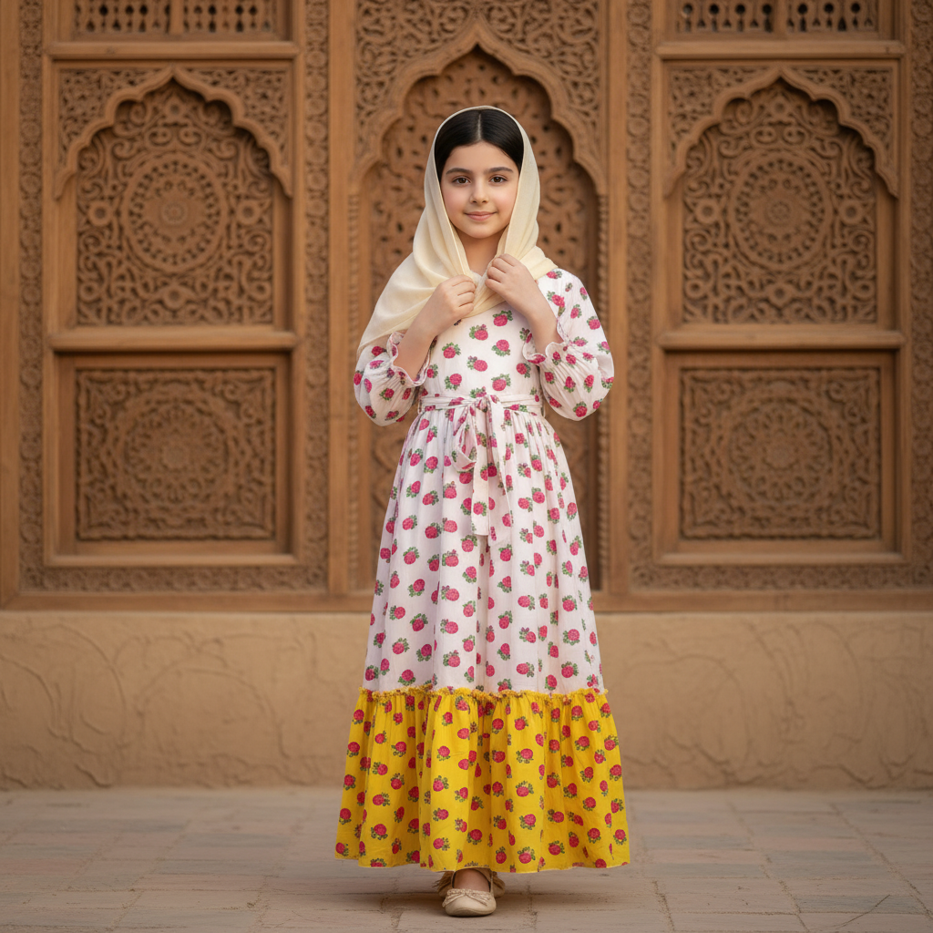 فستان قطن تراثي مع  ودمج لونين