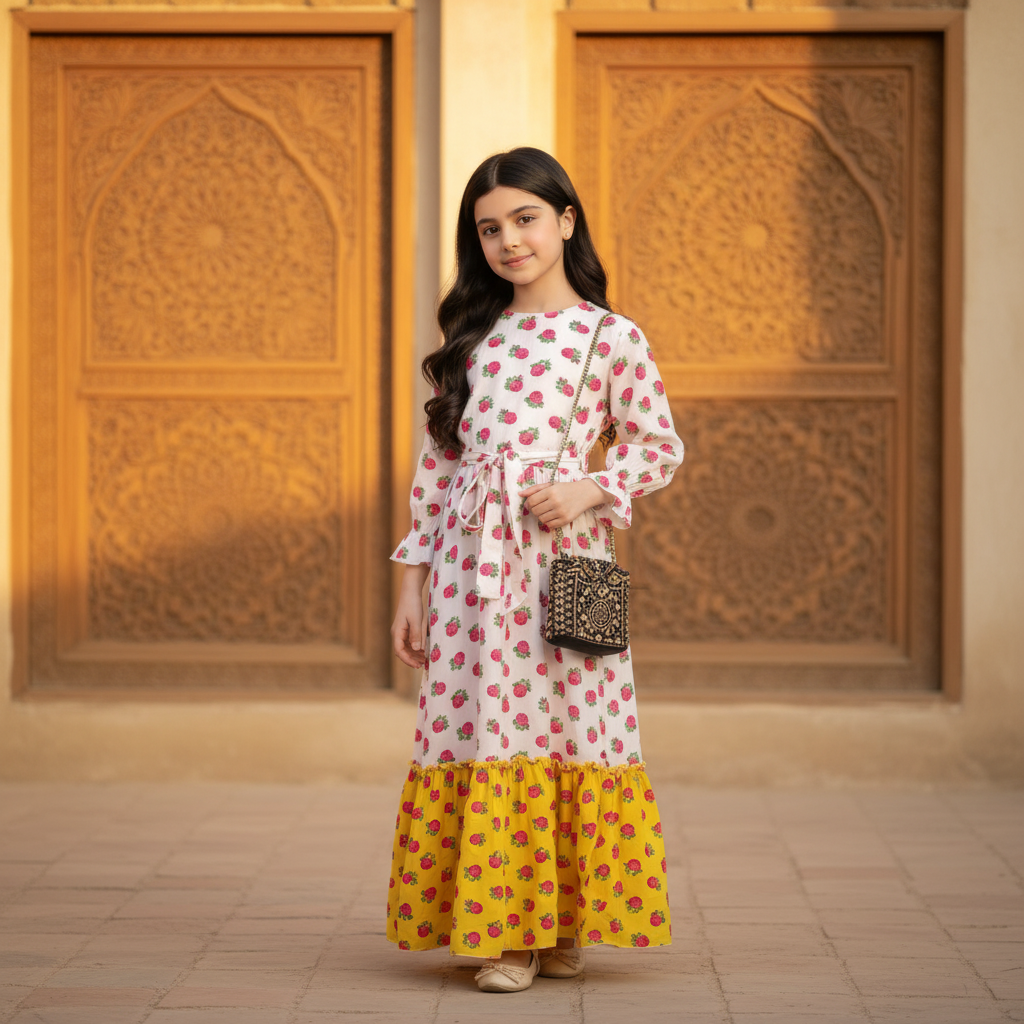 فستان قطن تراثي مع  ودمج لونين