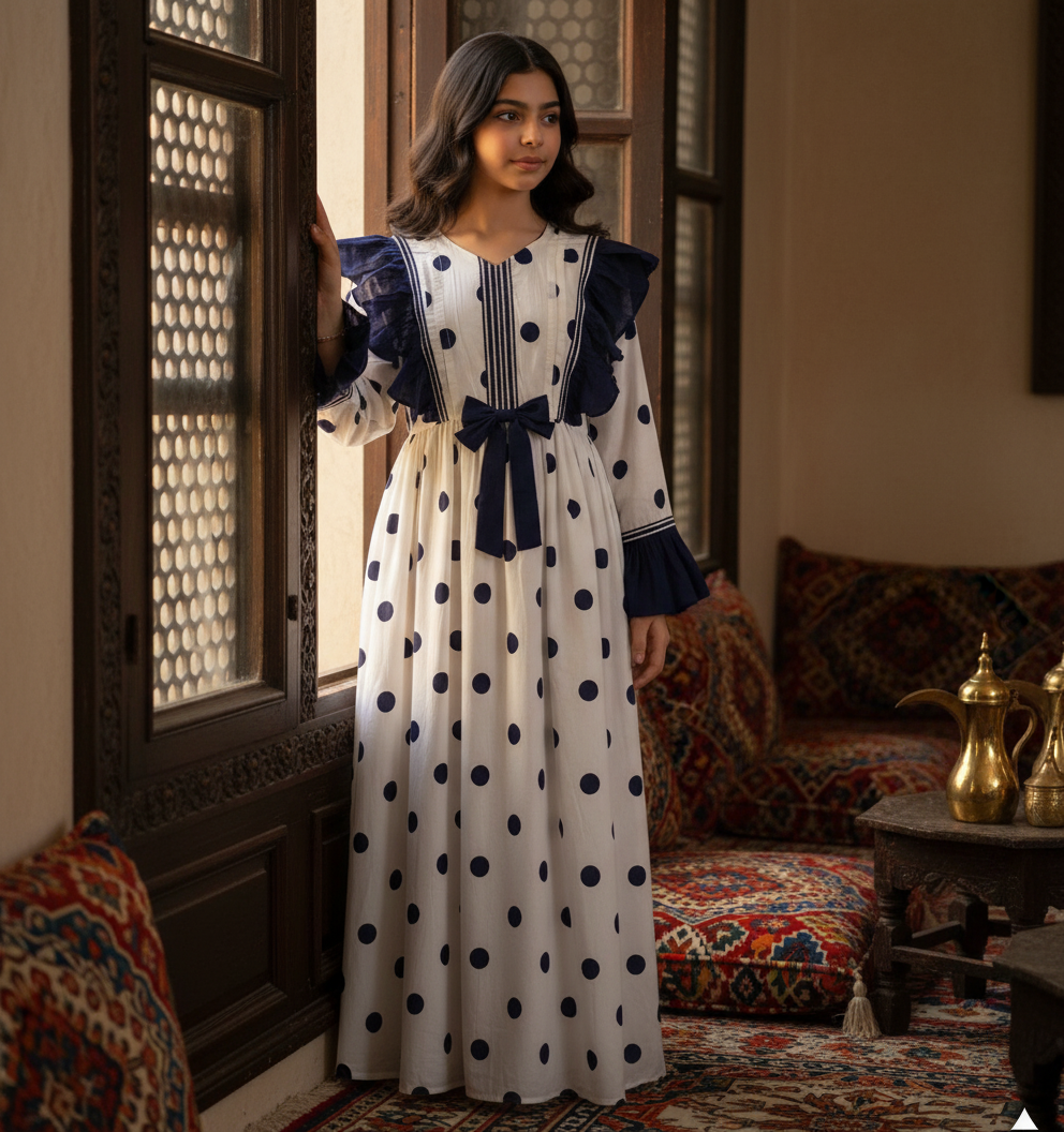 فستان قطن تراثي مع تلي  ودمج الساده