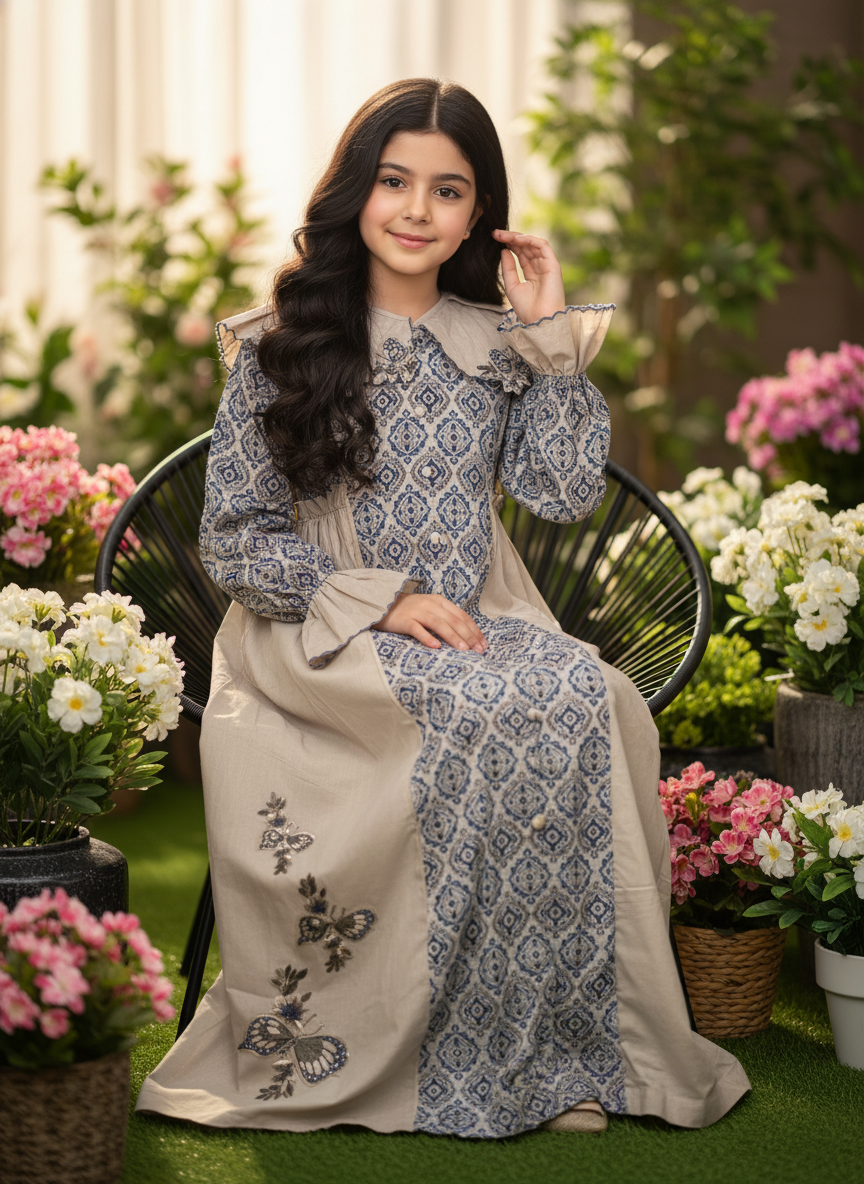 فستان قطن مع تطريز ودمج الساده