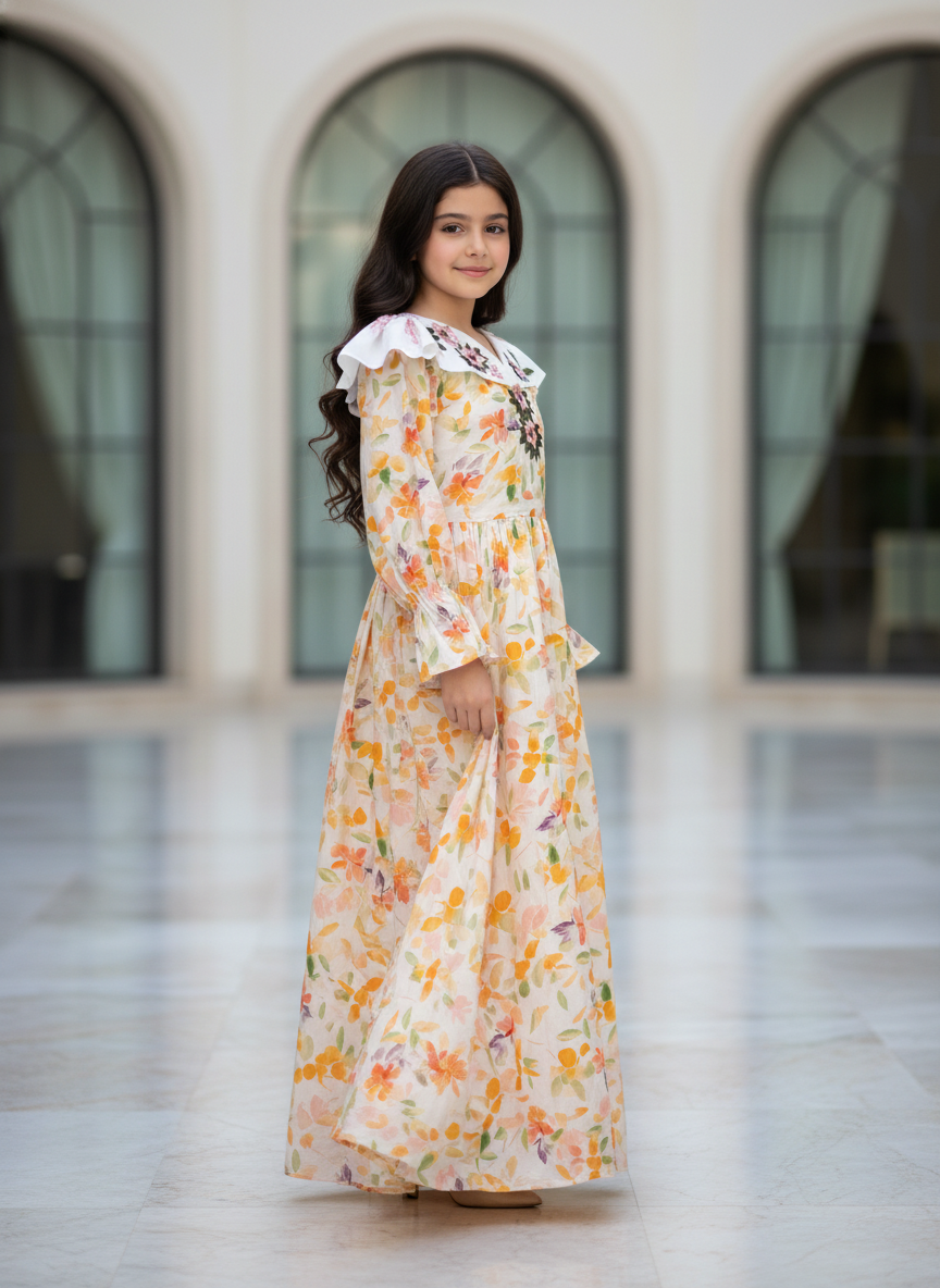 فستان قطن مع تطريز ودمج الساده