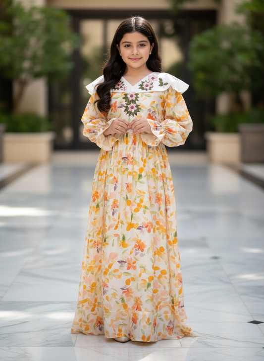 فستان قطن مع تطريز ودمج الساده