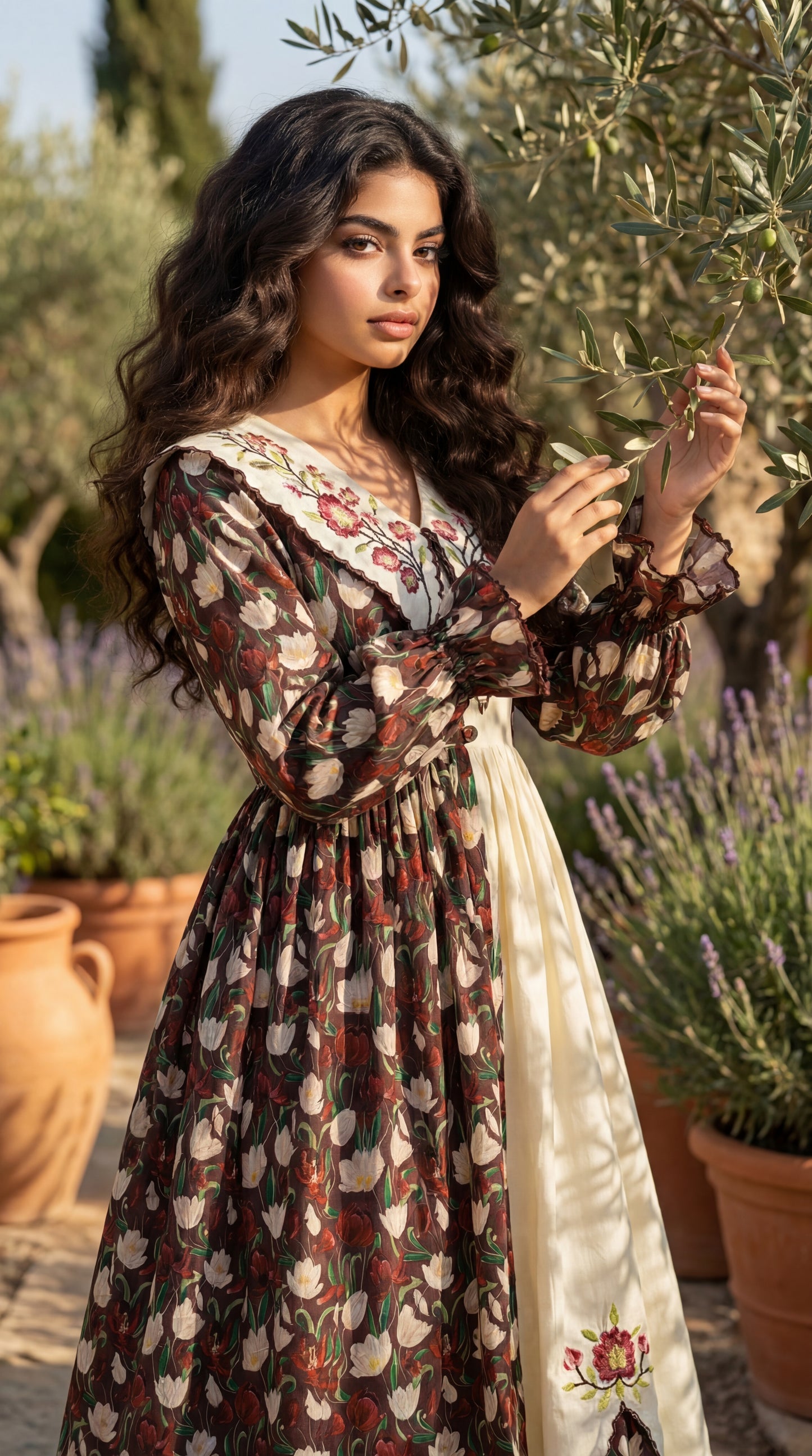 فستان قطن مع تطريز  ودمج الساده