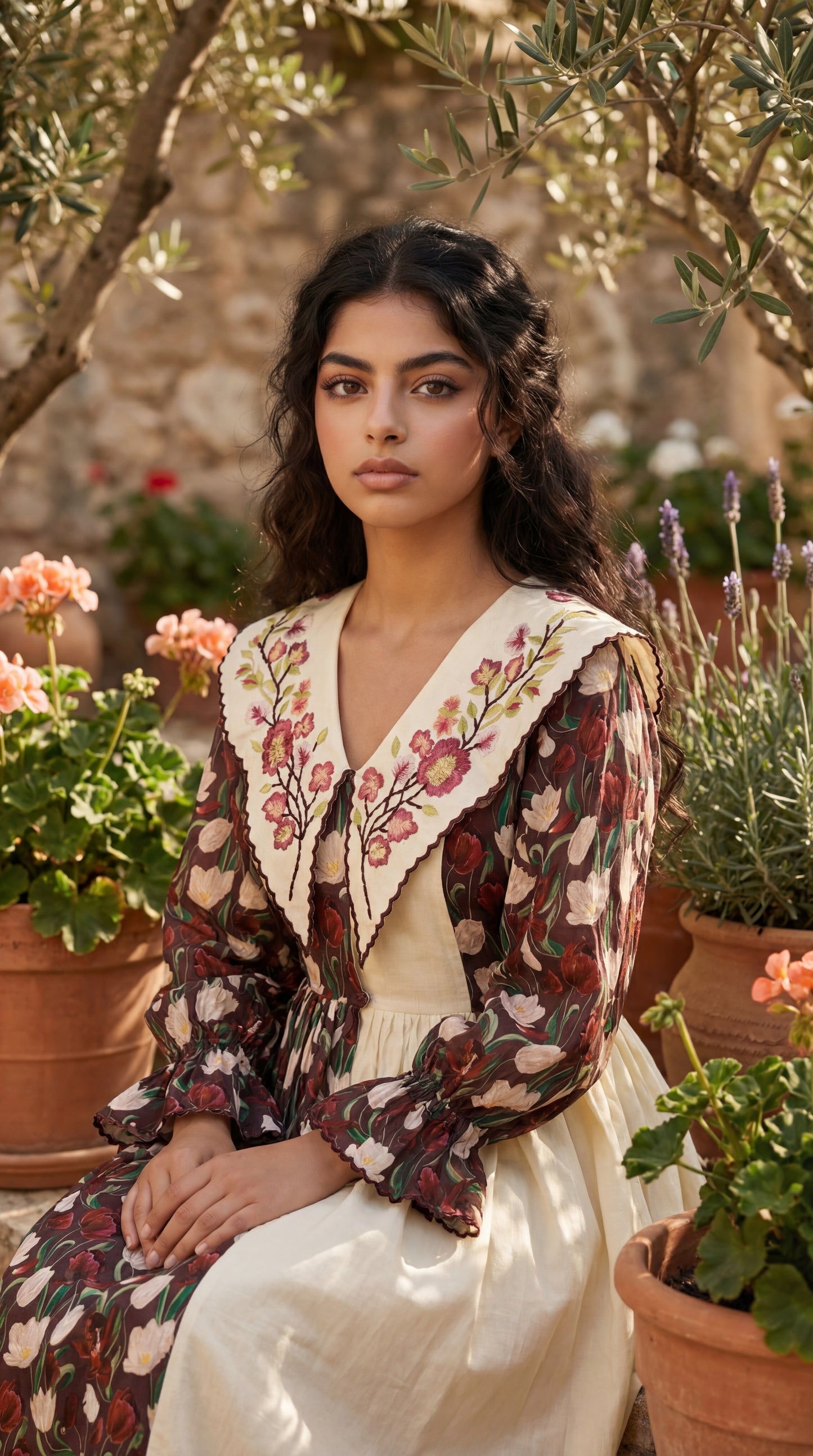 فستان قطن مع تطريز  ودمج الساده