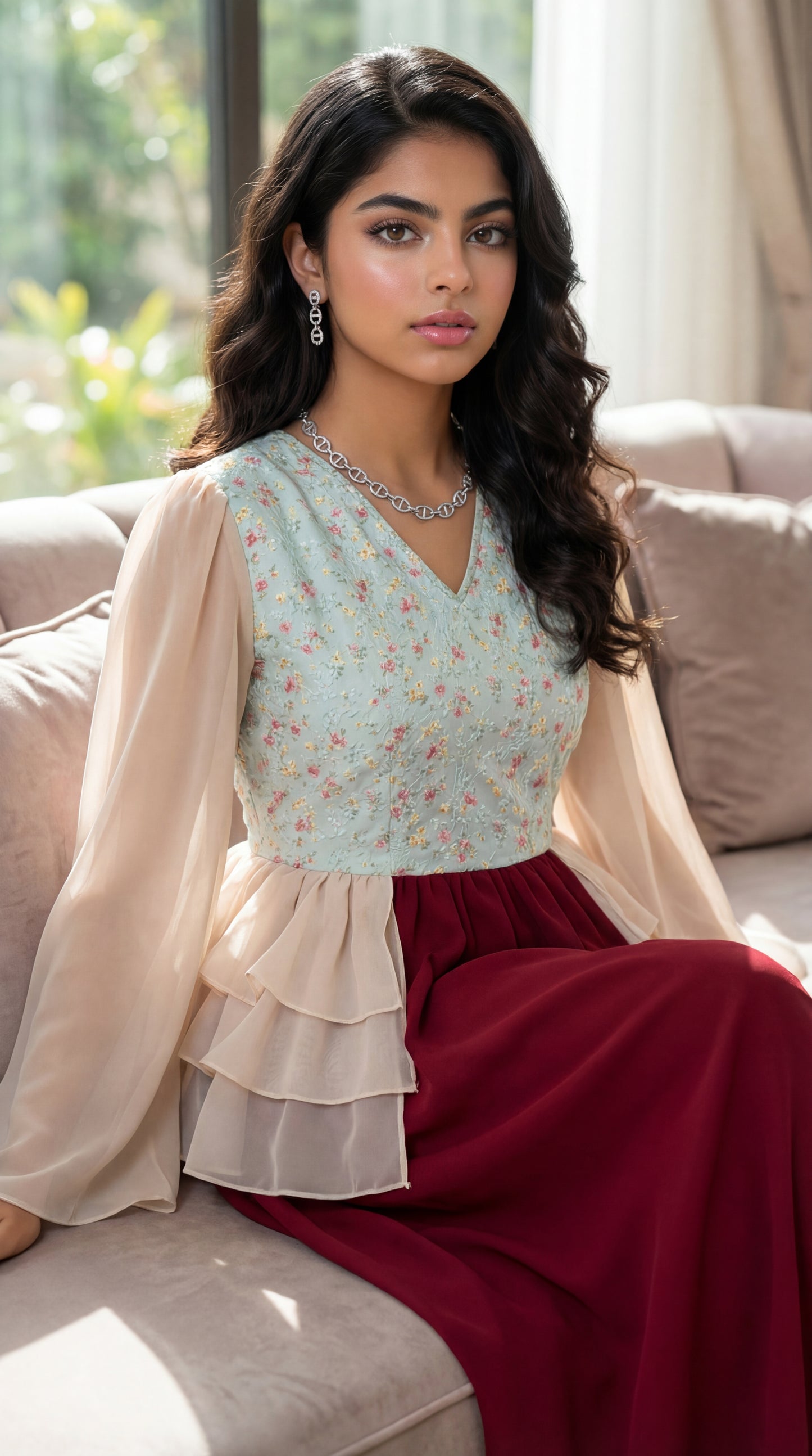 فستان  شيفون   مع  صدرية مخروز