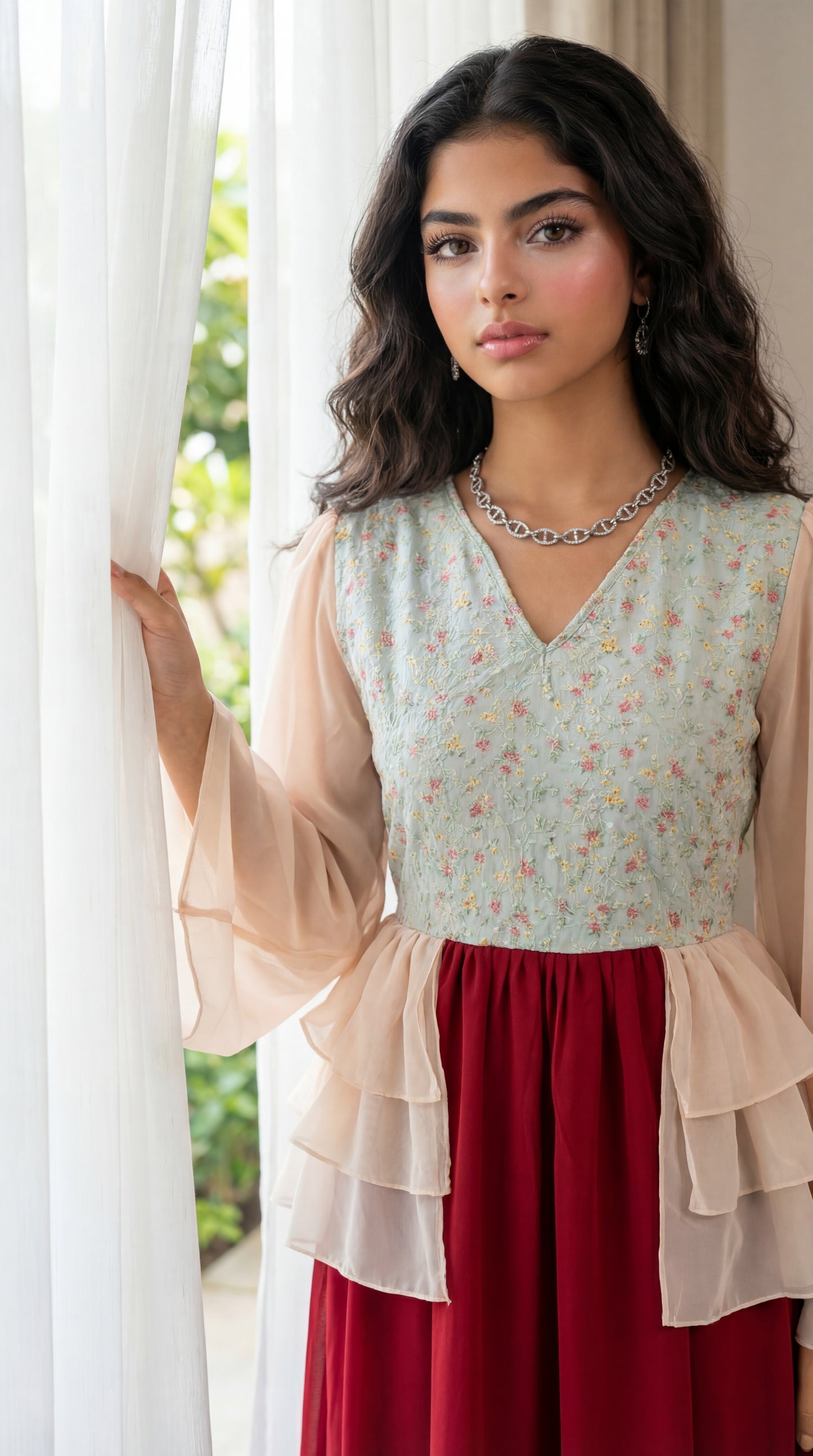 فستان  شيفون   مع  صدرية مخروز