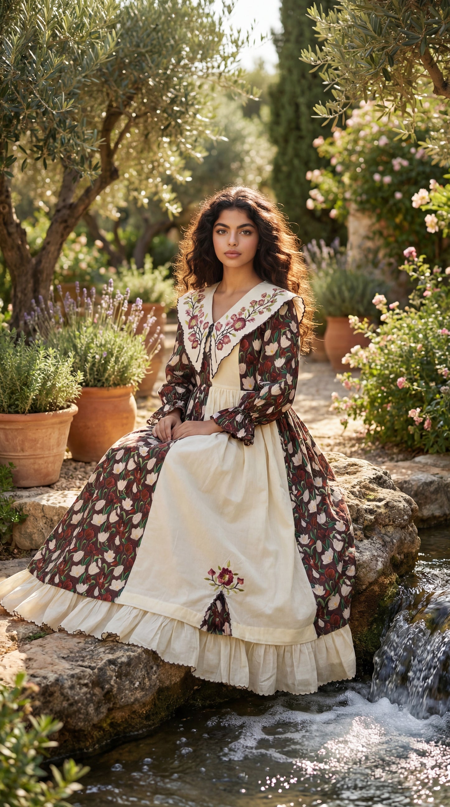 فستان قطن مع تطريز  ودمج الساده