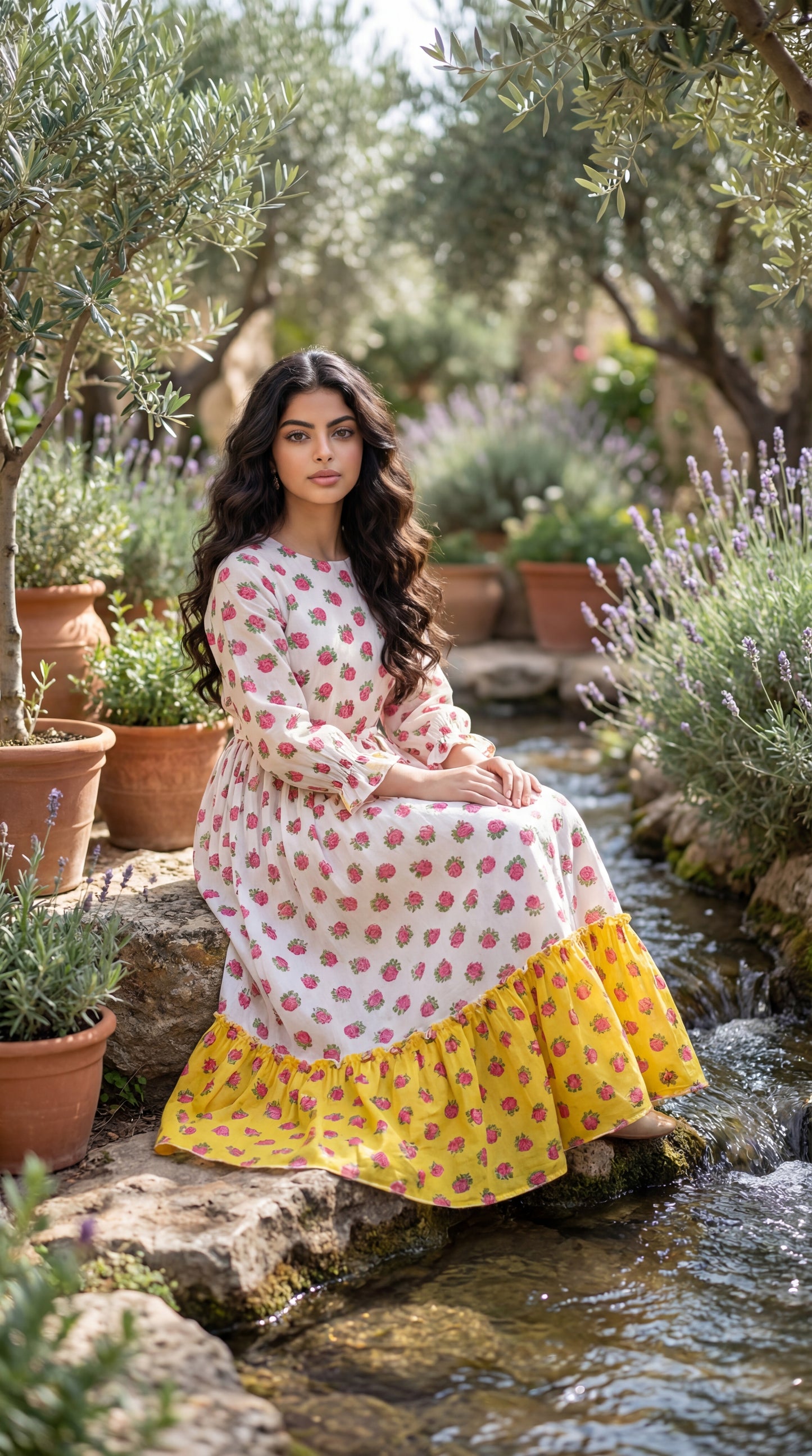 فستان قطن تراثي مع  ودمج لونين