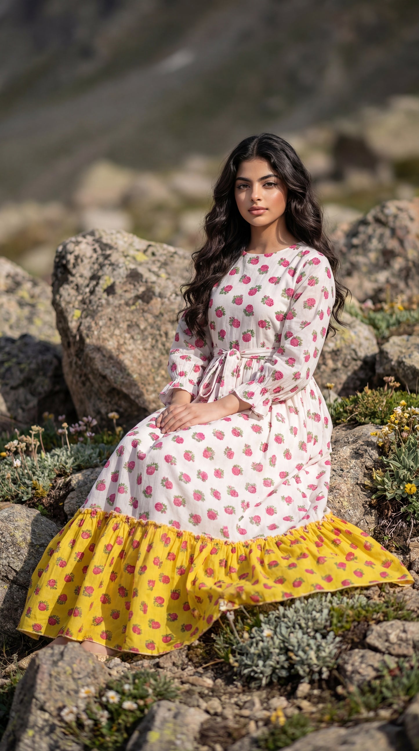 فستان قطن تراثي مع  ودمج لونين