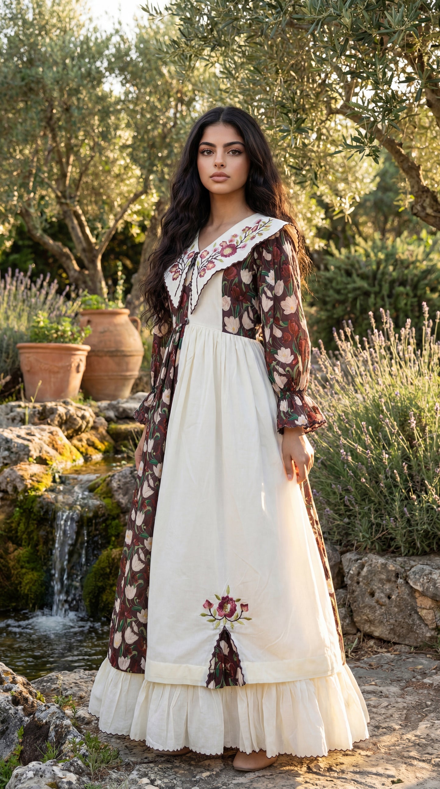 فستان قطن مع تطريز  ودمج الساده