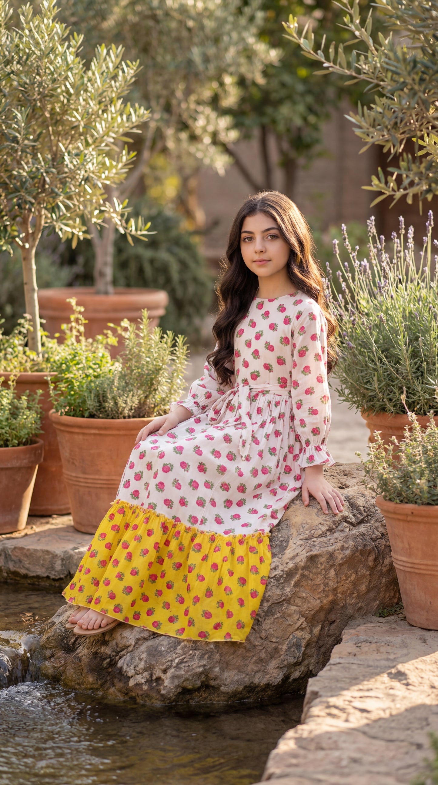 فستان قطن تراثي مع  ودمج لونين