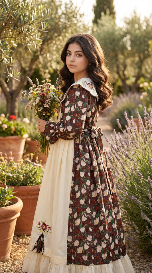 فستان قطن مع تطريز  ودمج الساده