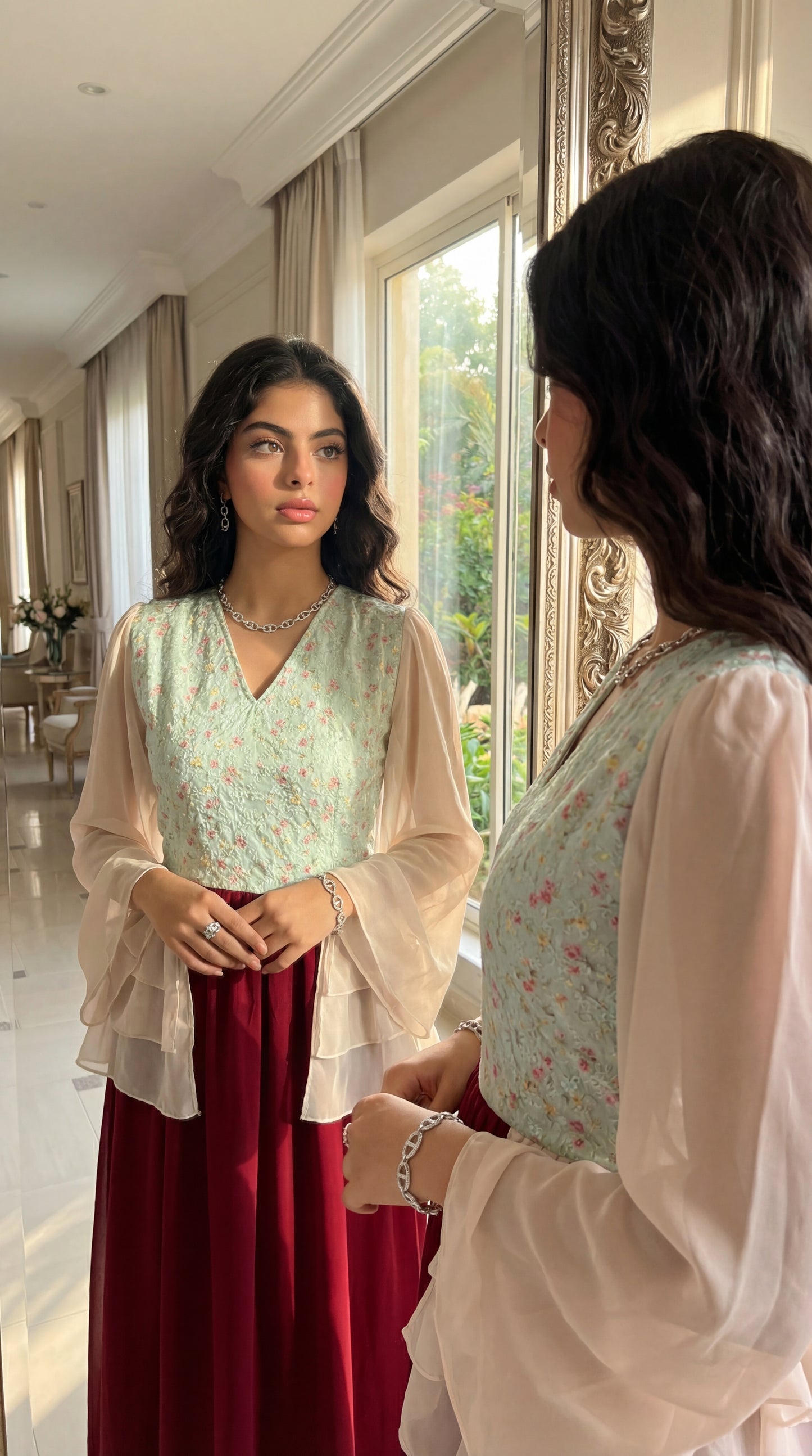 فستان  شيفون   مع  صدرية مخروز