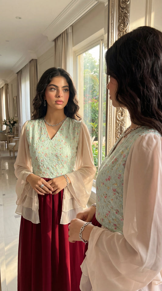 فستان  شيفون   مع  صدرية مخروز