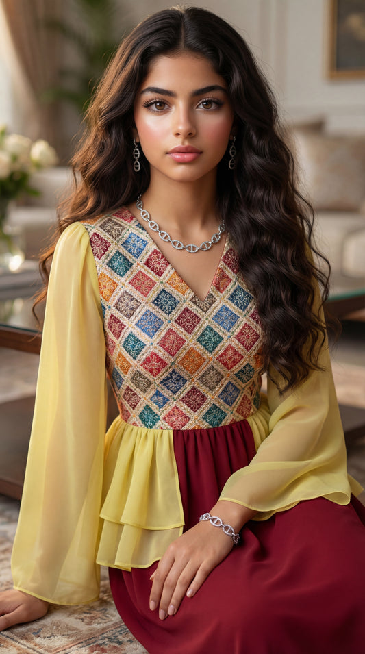 فستان  شيفون   مع  صدرية مخروز