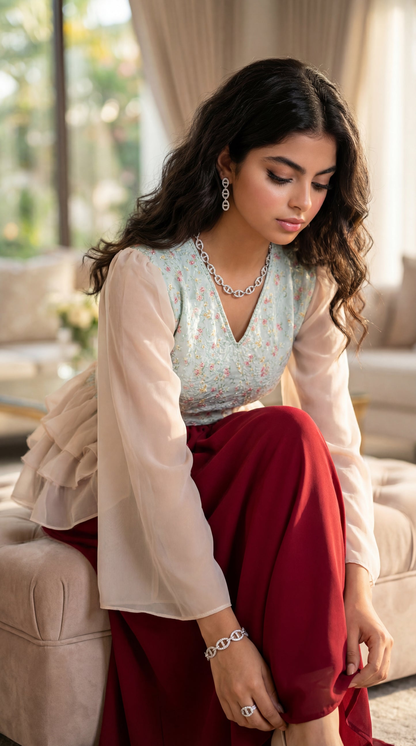 فستان  شيفون   مع  صدرية مخروز